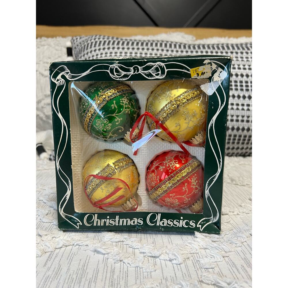 Vintage Christmas By Krebs Glass Ball Ornaments Red, Green and Gold, set of 4